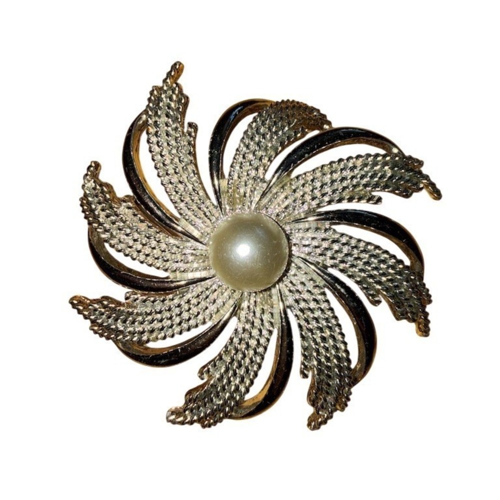 Vintage Sarah Coventry Brooch Womens Silver Swirl Starburst Faux‎ Pearl